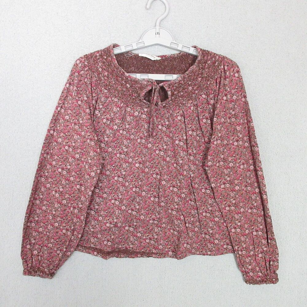 Lucky Brand Peasant Blouse Womens M Floral Long Sleeve Tie Neck Smocked Brown
